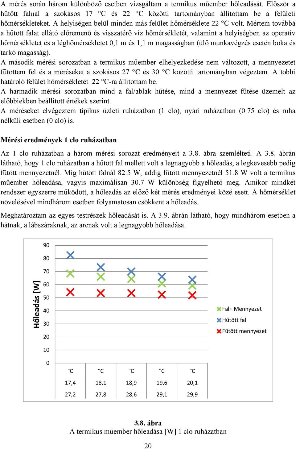 Mértem továbbá a hűtött falat ellátó előremenő és visszatérő víz hőmérsékletét, valamint a helyiségben az operatív hőmérsékletet és a léghőmérsékletet 0,1 m és 1,1 m magasságban (ülő munkavégzés