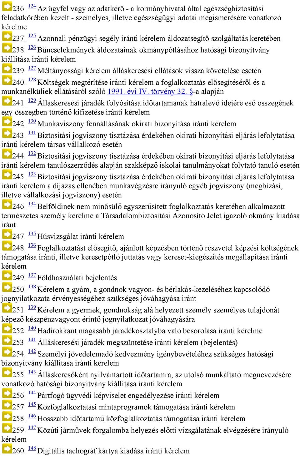 127 Méltányossági álláskeresési ellátások vissza követelése esetén 240. 128 Költségek megtérítése iránti a foglalkoztatás elősegítéséről és a munkanélküliek ellátásáról szóló 1991. évi IV. törvény 32.