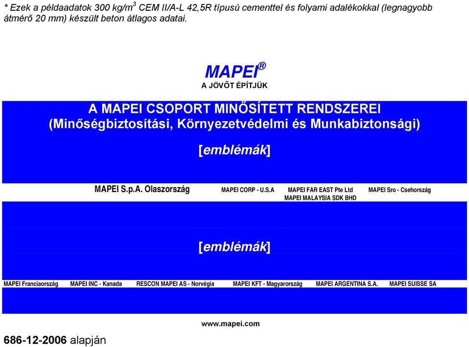 MAPEI A JÖVŐT ÉPÍTJÜK A MAPEI CSOPORT MINŐSÍTETT RENDSZEREI (Minőségbiztosítási, Környezetvédelmi és Munkabiztonsági) [emblémák] MAPEI S.p.