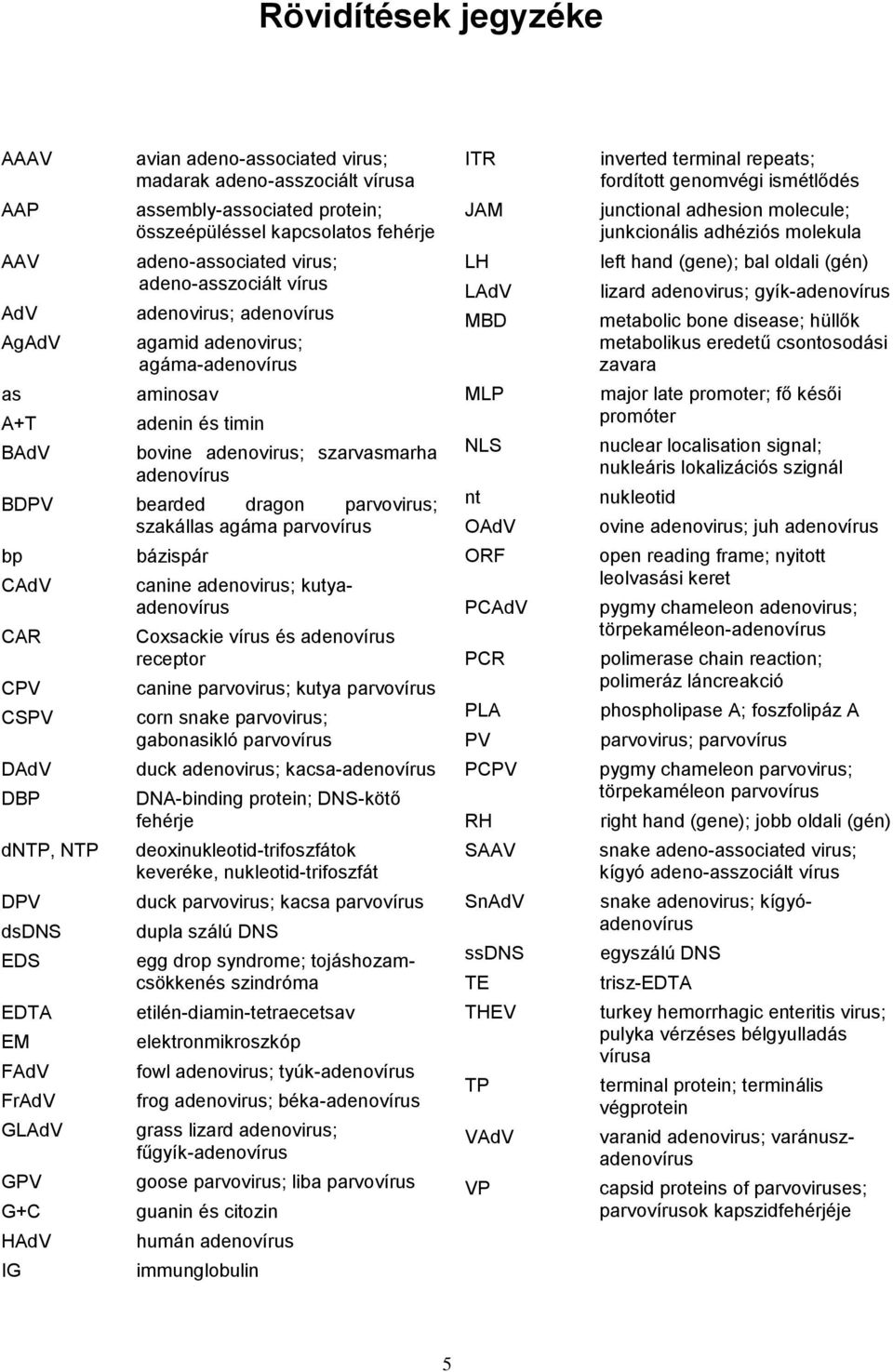 agáma parvovírus bp CAdV CAR CPV CSPV DAdV DBP dntp, NTP DPV dsdns EDS EDTA EM FAdV FrAdV GLAdV GPV G+C HAdV IG bázispár canine adenovirus; kutyaadenovírus Coxsackie vírus és adenovírus receptor