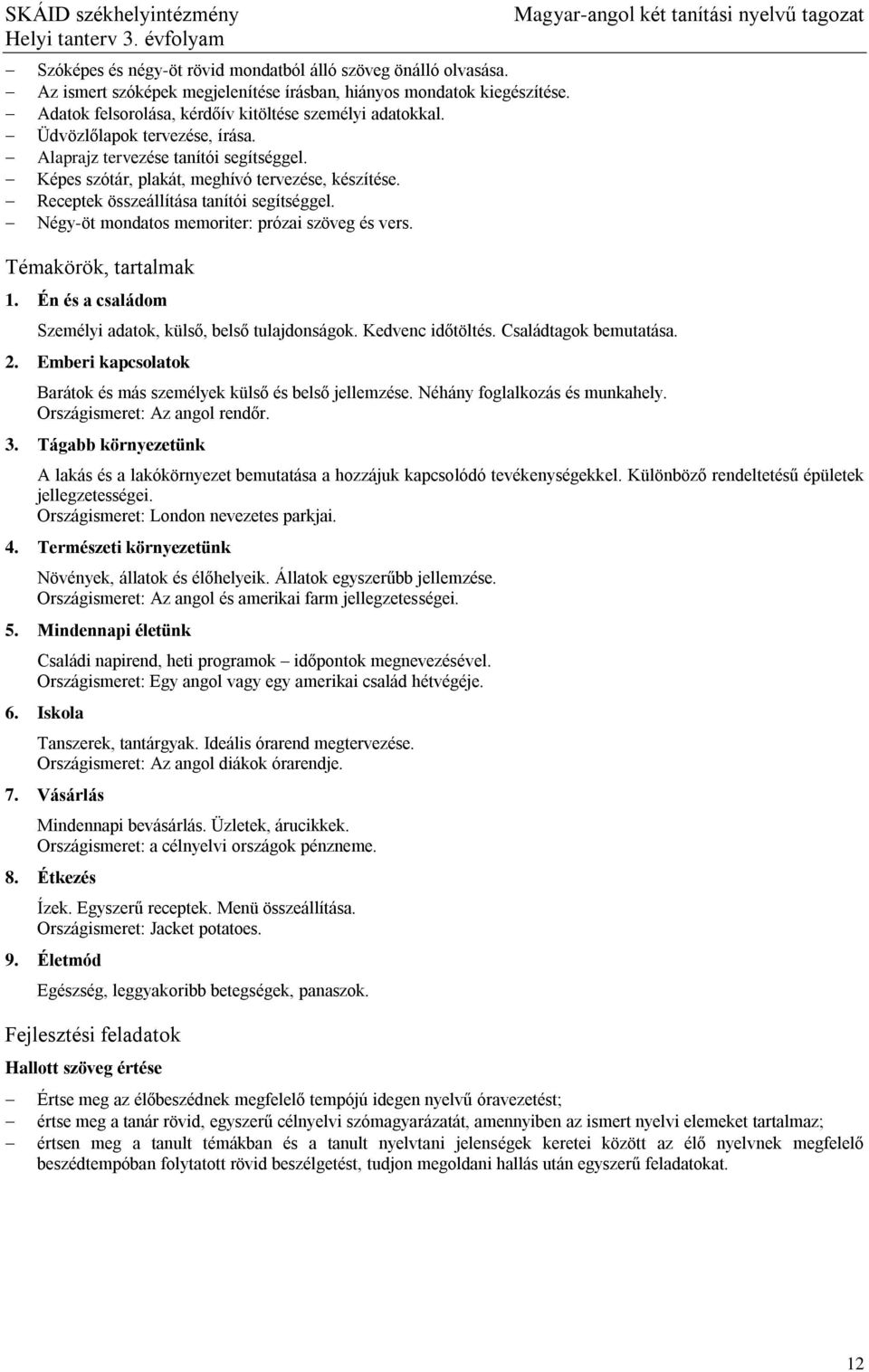 Receptek összeállítása tanítói segítséggel. Négy-öt mondatos memoriter: prózai szöveg és vers. Témakörök, tartalmak 1. Én és a családom Személyi adatok, külső, belső tulajdonságok. Kedvenc időtöltés.