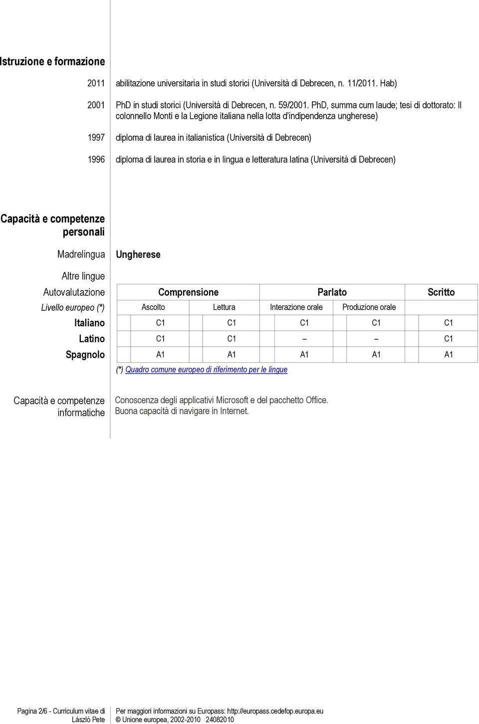 in storia e in lingua e letteratura latina (Università di Debrecen) Capacità e competenze personali Madrelingua Ungherese Altre lingue Autovalutazione Comprensione Parlato Scritto Livello europeo (*)