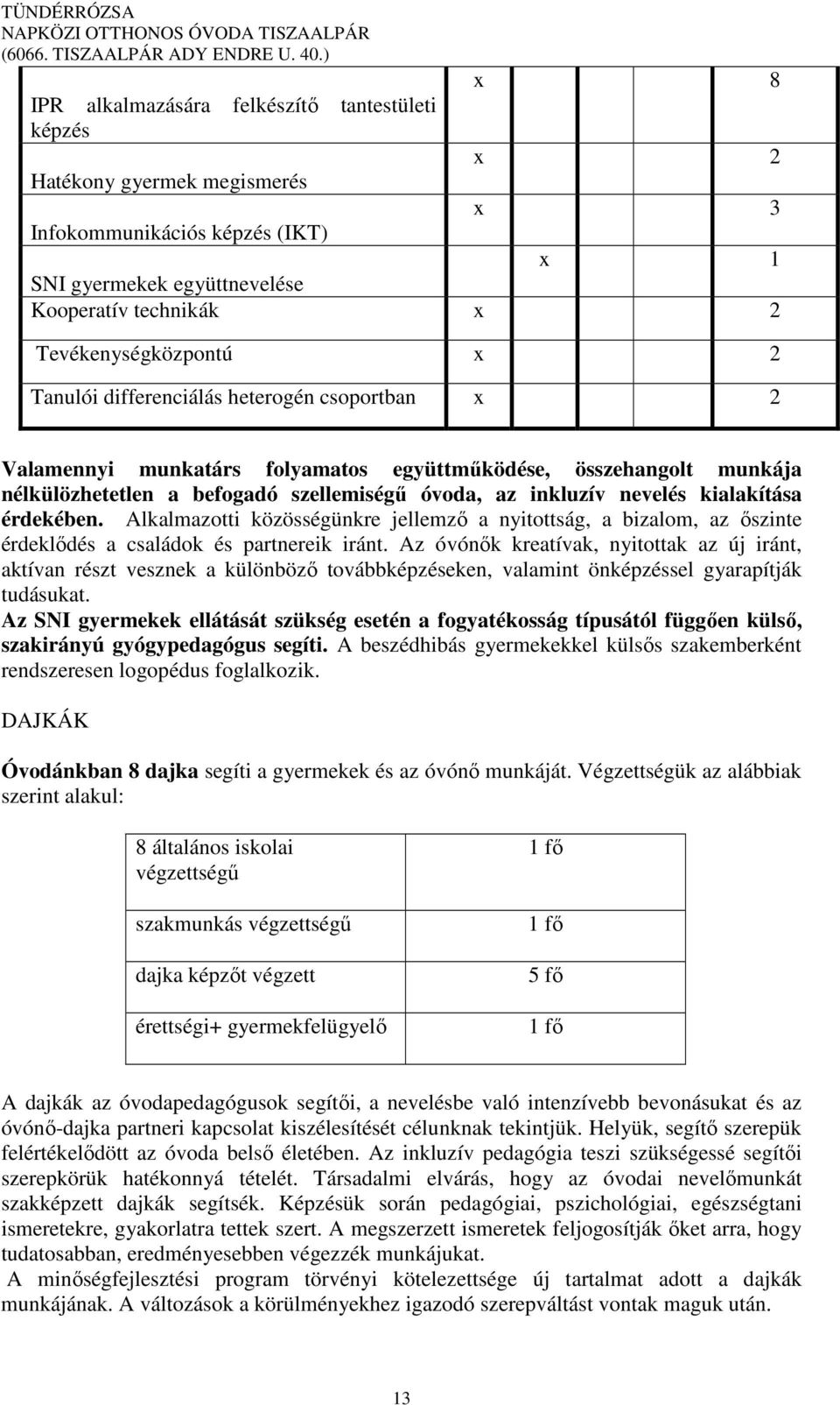 érdekében. Alkalmazotti közösségünkre jellemző a nyitottság, a bizalom, az őszinte érdeklődés a családok és partnereik iránt.