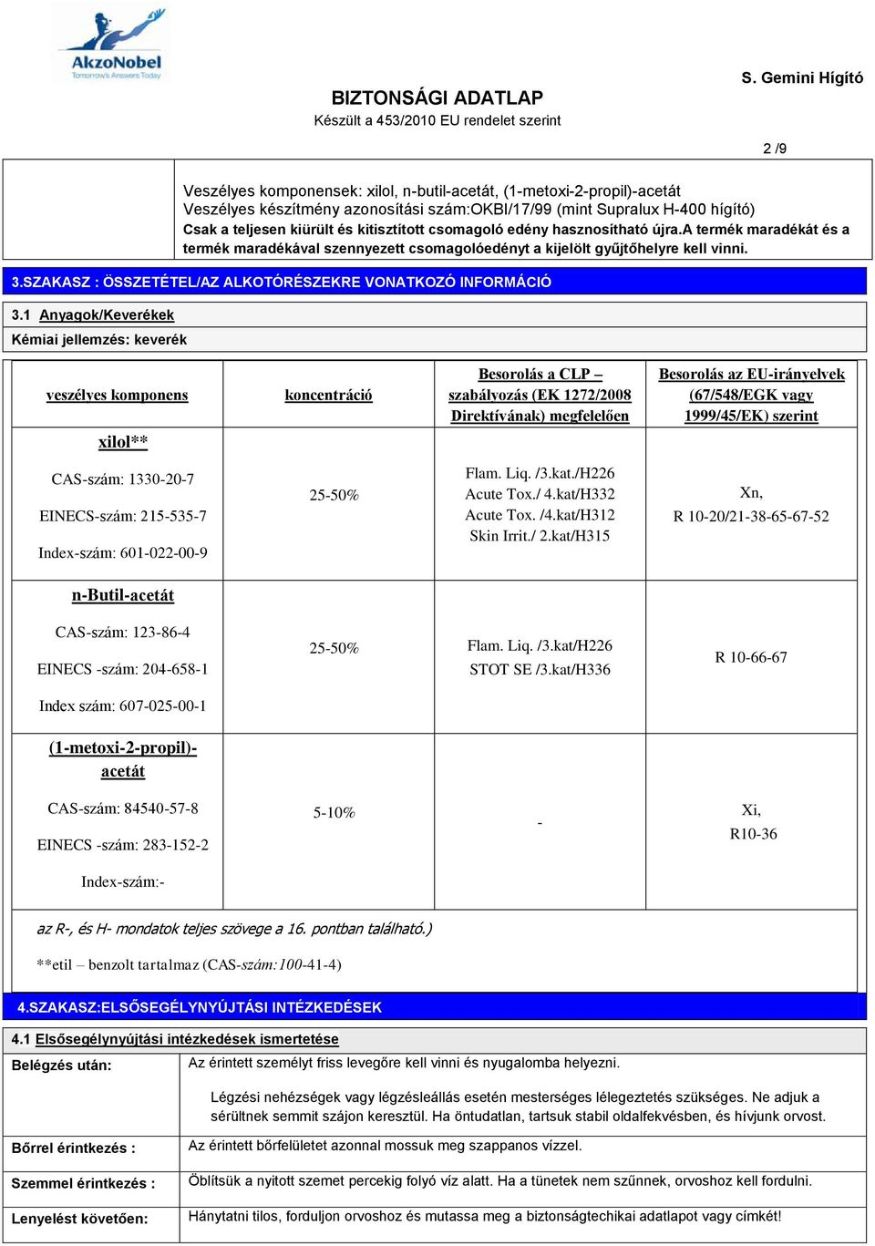 SZAKASZ : ÖSSZETÉTEL/AZ ALKOTÓRÉSZEKRE VONATKOZÓ INFORMÁCIÓ 3.