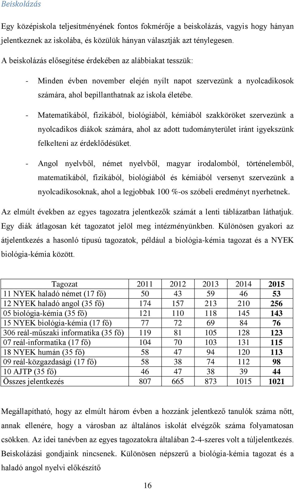 - Matematikából, fizikából, biológiából, kémiából szakköröket szervezünk a nyolcadikos diákok számára, ahol az adott tudományterület iránt igyekszünk felkelteni az érdeklődésüket.