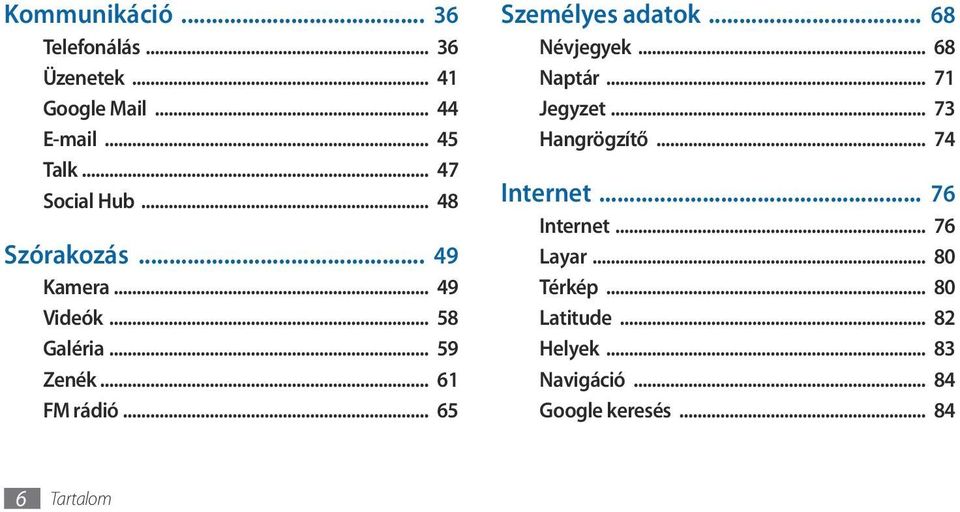 .. 65 Személyes adatok... 68 Névjegyek... 68 Naptár... 71 Jegyzet... 73 Hangrögzítő... 74 Internet.