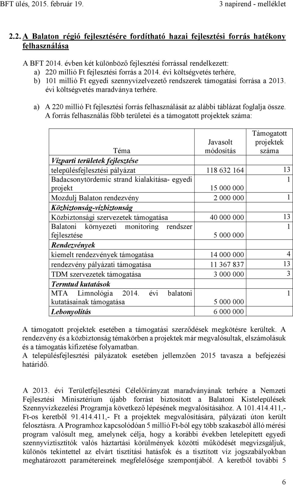 évi költségvetés terhére, b) 101 millió Ft egyedi szennyvízelvezető rendszerek támogatási forrása a 2013. évi költségvetés maradványa terhére.