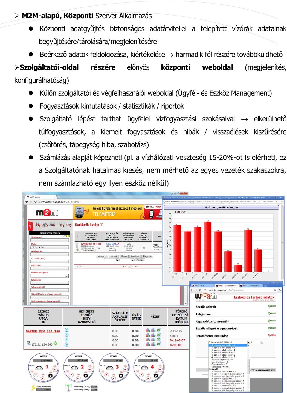 Eszköz Management) Fogyasztások kimutatások / statisztikák / riportok Szolgáltató lépést tarthat ügyfelei vízfogyasztási szokásaival elkerülhető túlfogyasztások, a kiemelt fogyasztások és hibák /