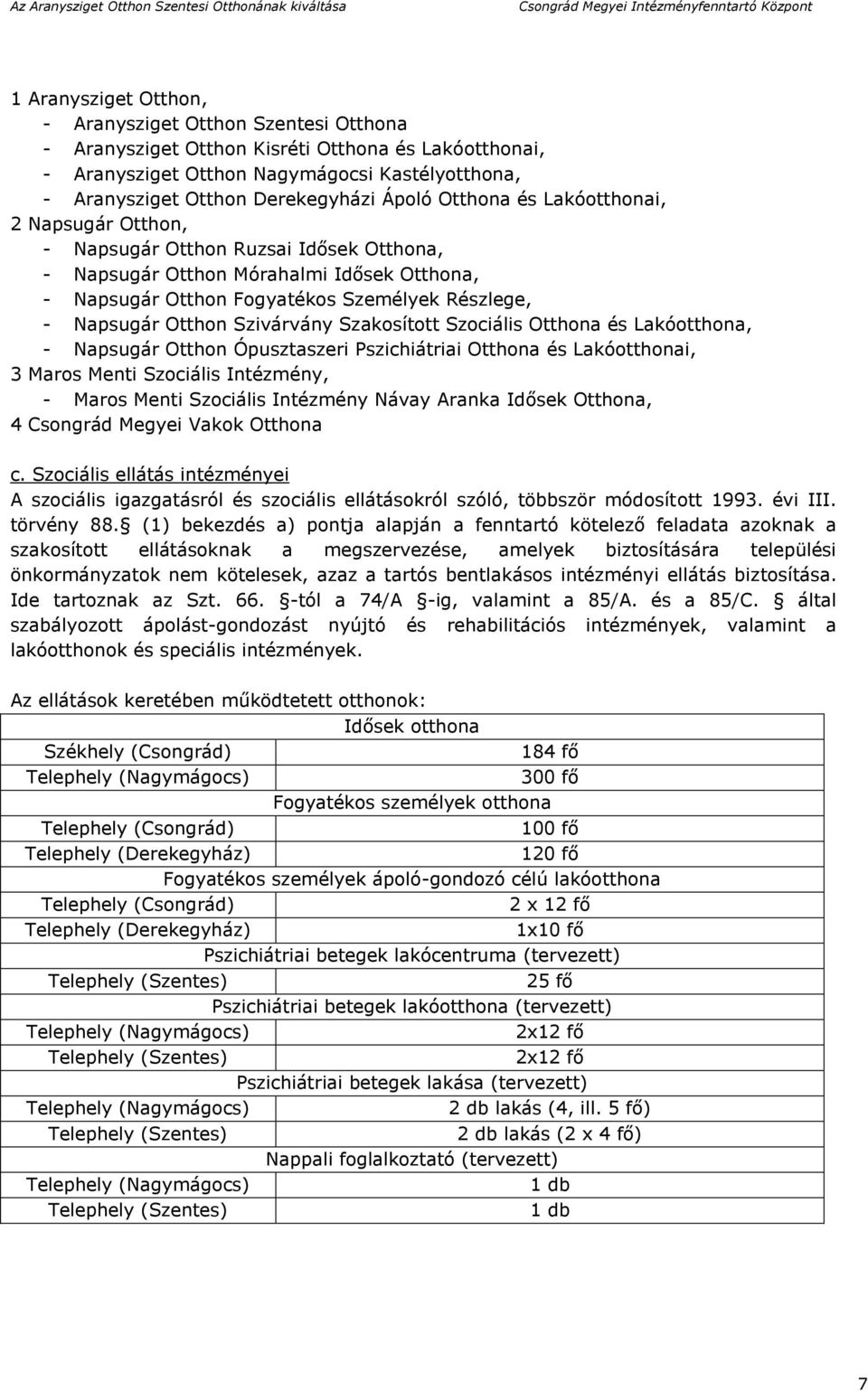 Otthon Szivárvány Szakosított Szociális Otthona és Lakóotthona, - Napsugár Otthon Ópusztaszeri Pszichiátriai Otthona és Lakóotthonai, 3 Maros Menti Szociális Intézmény, - Maros Menti Szociális