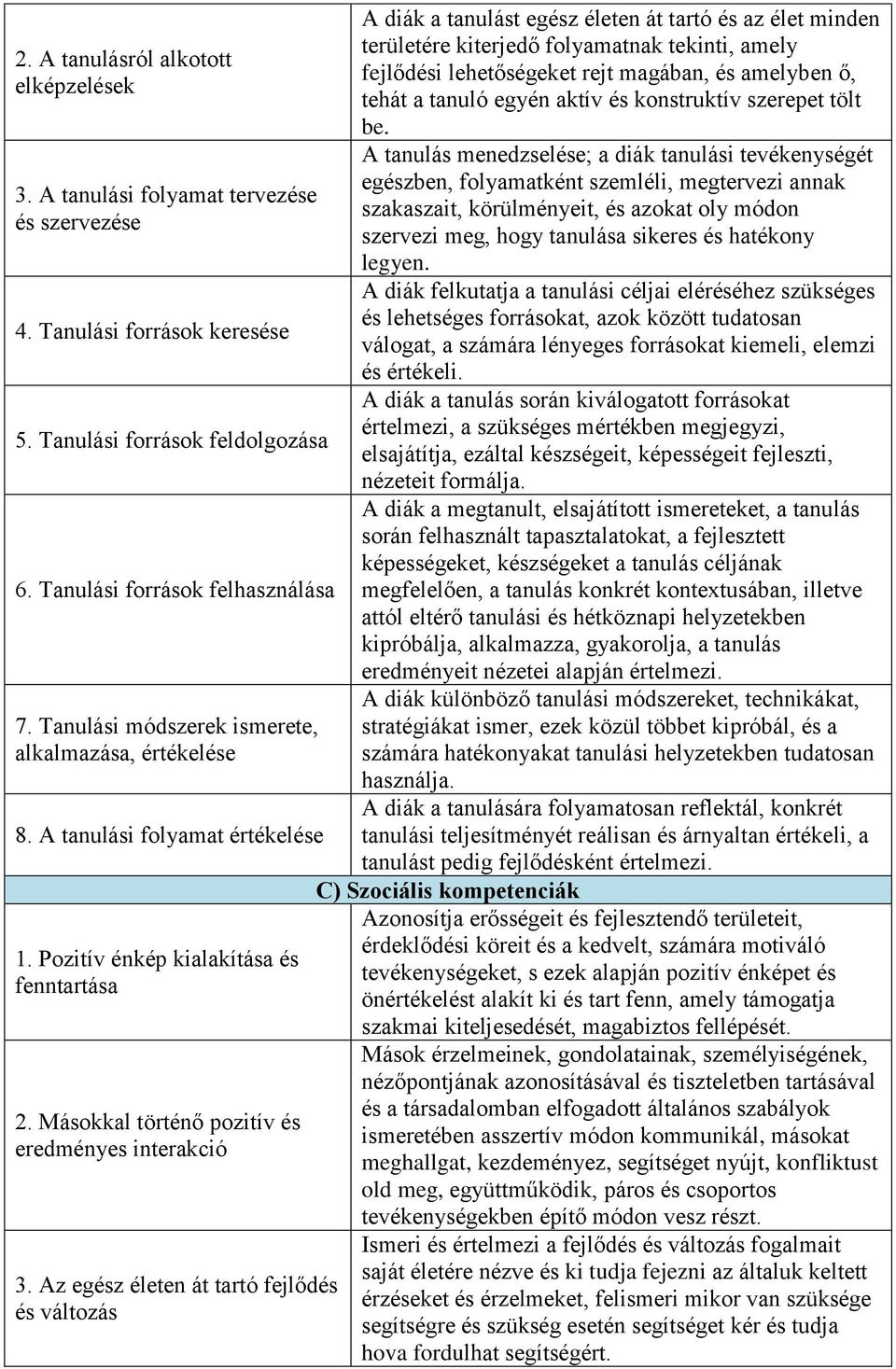 Az egész életen át tartó fejlődés és változás A diák a tanulást egész életen át tartó és az élet minden területére kiterjedő folyamatnak tekinti, amely fejlődési lehetőségeket rejt magában, és