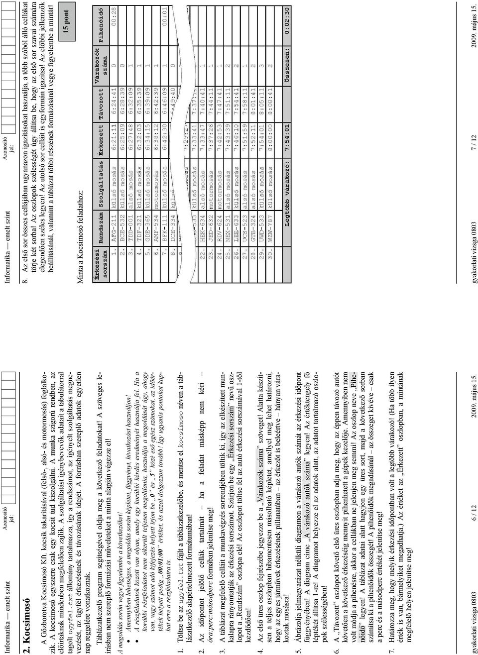 txt állomány tartalmazza, így a rendszámot, az igényelt szolgáltatás megnevezését, az ügyfél érkezésének és távozásának idejét. A forrásban szerepl adatok egyetlen nap reggelére vonatkoznak.