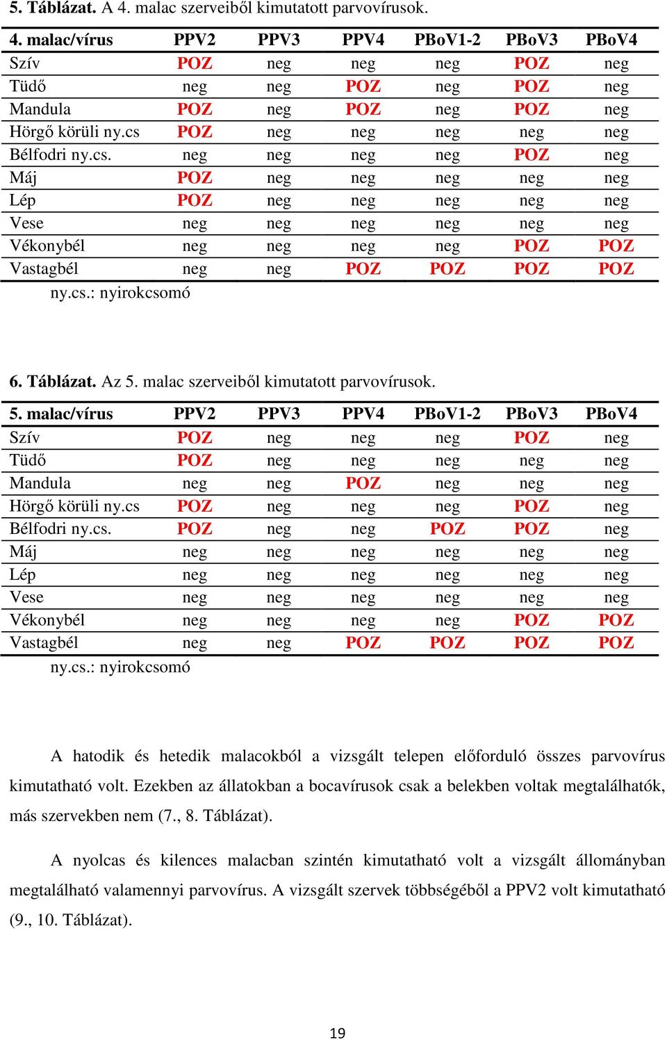 cs.: nyirokcsomó 6. Táblázat. Az 5. malac szerveiből kimutatott parvovírusok. 5. malac/vírus PPV2 PPV3 PPV4 PBoV1-2 PBoV3 PBoV4 Szív POZ neg neg neg POZ neg Tüdő POZ neg neg neg neg neg Mandula neg neg POZ neg neg neg Hörgő körüli ny.