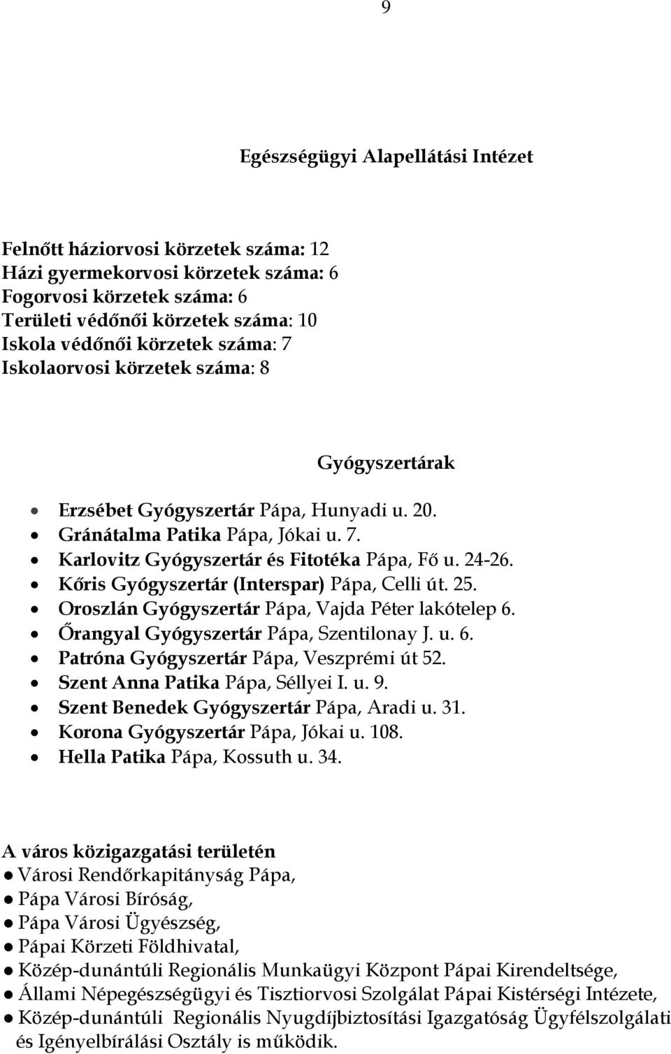 Kőris Gyógyszertár (Interspar) Pápa, Celli út. 25. Oroszlán Gyógyszertár Pápa, Vajda Péter lakótelep 6. Őrangyal Gyógyszertár Pápa, Szentilonay J. u. 6. Patróna Gyógyszertár Pápa, Veszprémi út 52.