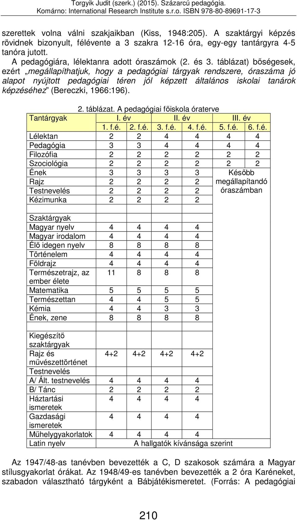 táblázat) bőségesek, ezért megállapíthatjuk, hogy a pedagógiai tárgyak rendszere, óraszáma jó alapot nyújtott pedagógiai téren jól képzett általános iskolai tanárok képzéséhez (Bereczki, 1966:196).