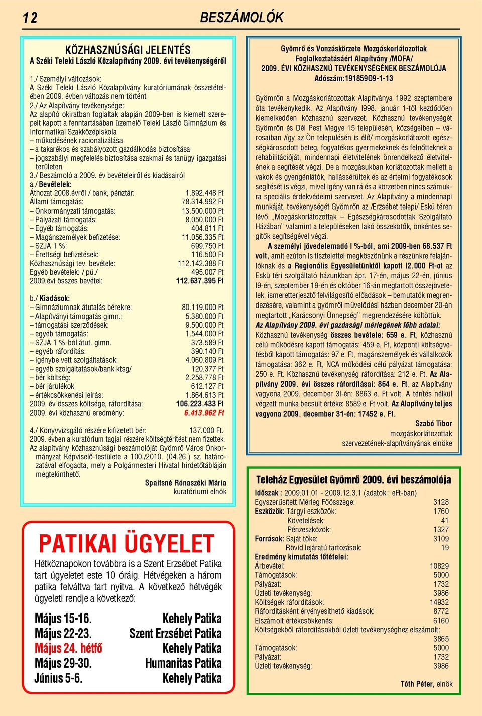 / Az Alapítvány tevékenysége: Az alapító okiratban foglaltak alapján 2009-ben is kiemelt szerepelt kapott a fenntartásában üzemelő Teleki László Gimnázium és Informatikai Szakközépiskola működésének