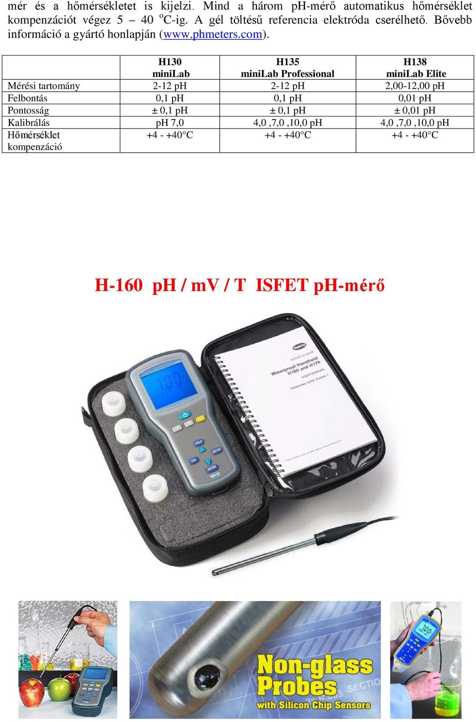 H130 minilab H135 minilab Professional H138 minilab Elite Mérési tartomány 2-12 ph 2-12 ph 2,00-12,00 ph Felbontás 0,1 ph 0,1 ph