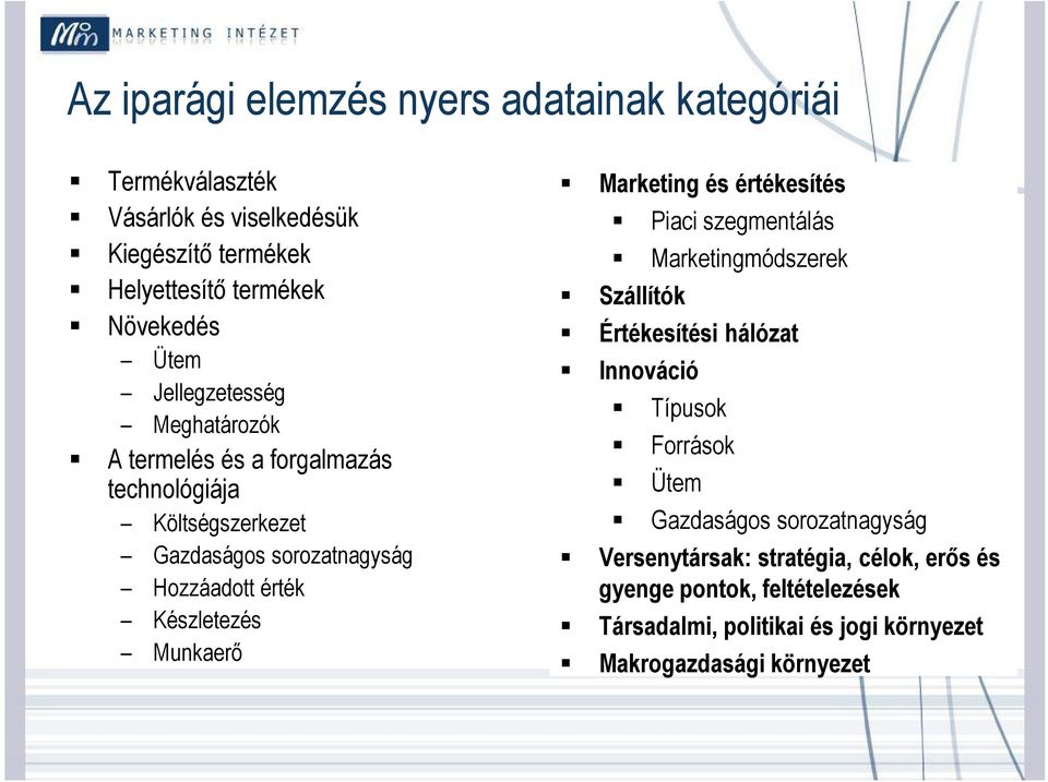 Munkaerő Marketing és értékesítés Piaci szegmentálás Marketingmódszerek Szállítók Értékesítési hálózat Innováció Típusok Források Ütem Gazdaságos