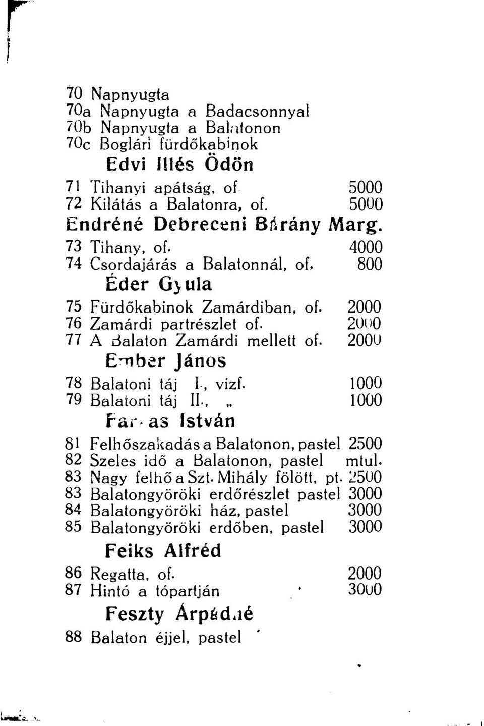 2000 E^ber János 78 Balatoni táj l, vizf. 1000 79 Balatoni táj II., 1000 Far as István 81 Felhőszakadás a Balatonon, pastel 2500 82 Szeles idő a Balatonon, pastel mtul. 83 Nagy felhő a Szt.