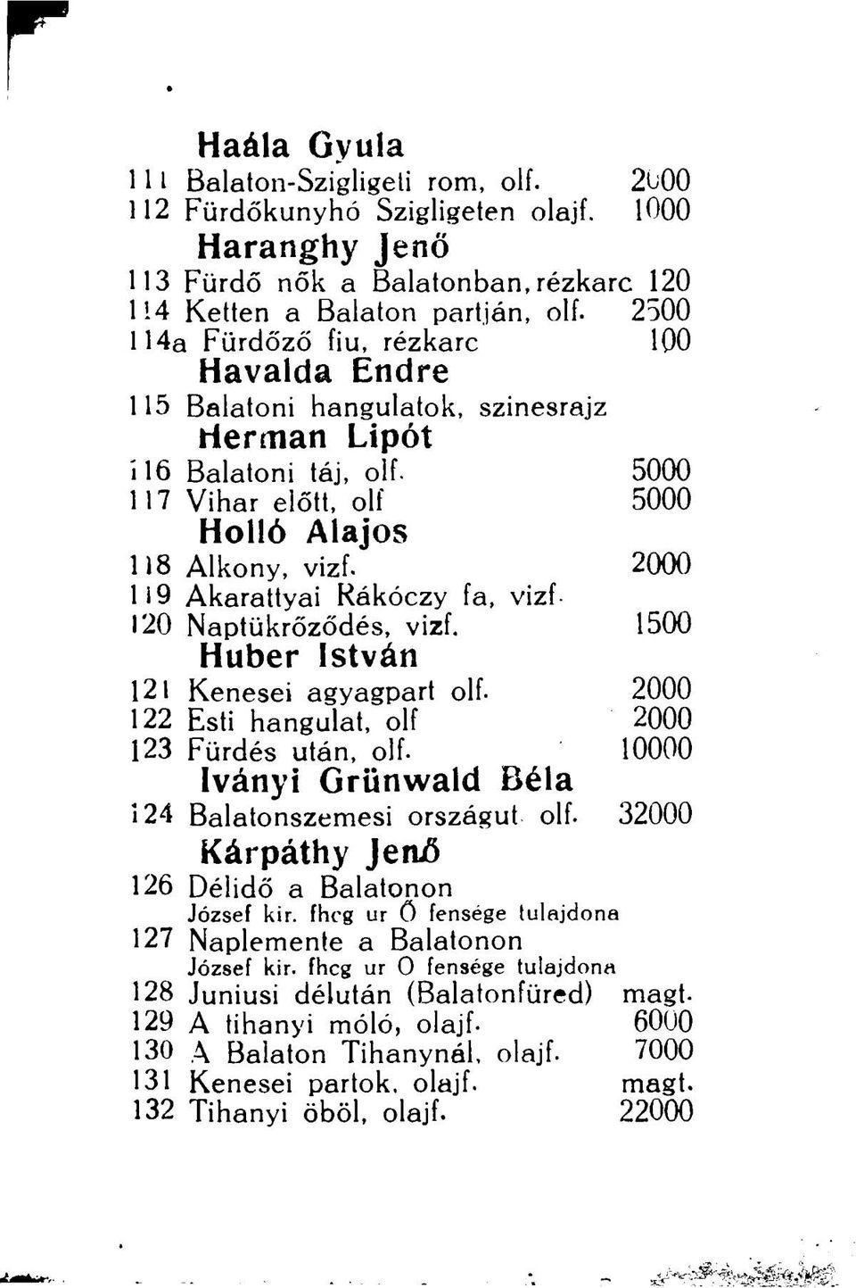 2000 119 Akarattyai Rákóczy fa, vizf- 120 Naptükrőződés, vizf. 1500 Huber István 121 Kenesei agyagpart olf. 2000 122 Esti hangulat, olf 2000 123 Fürdés után, olf.