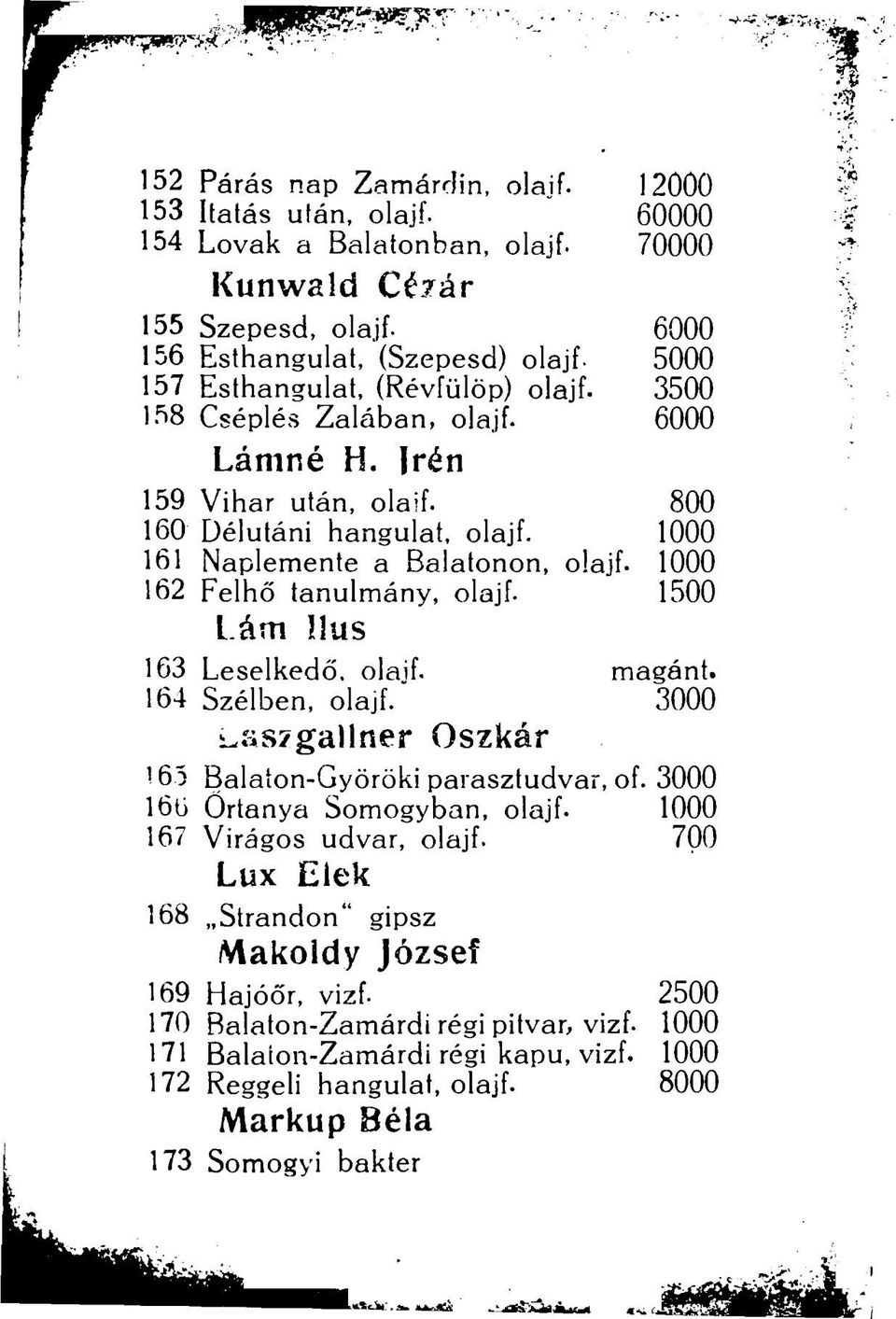 1000 161 Naplemente a Balatonon, olajf. 1000 162 Felhő tanulmány, olajf. 1500 Lám Ilus 163 Leselkedő, olaif. magánt. 164 Szélben, olajf. 3000 ^as?gallner Oszkár '65 Balaton-Györöki parasztudvar, of.