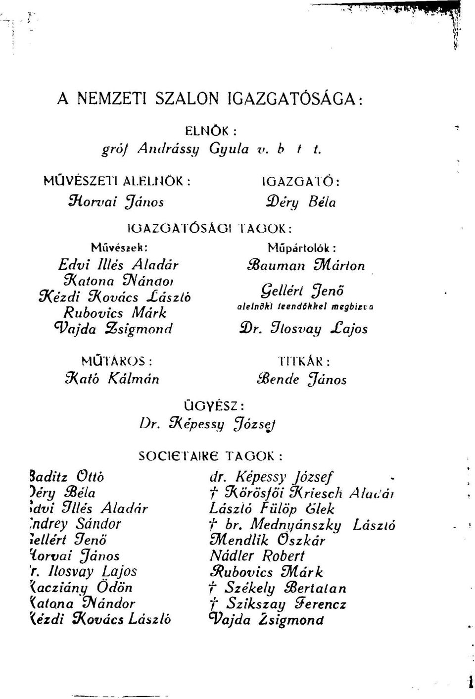 Béla Műpártolók : Slauman ZMárton Qellérl Jenő alelnöki leendőkkel megbírt a 3)r. Slosvay JEajos TITKÁR: Bende János ÜGYÉSZ: Dr. ÍKépessy József SOCI6 l AIR6 TAGOK : Saditz Ottó dr.