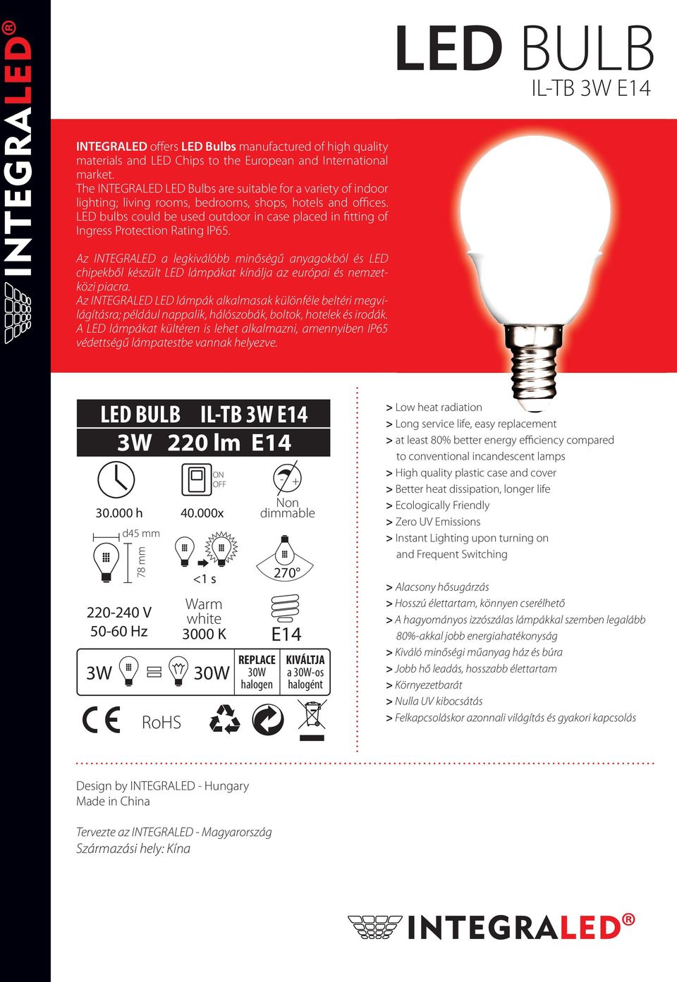 LED bulbs could be used outdoor in case placed in fitting of Ingress Protection Rating IP65.