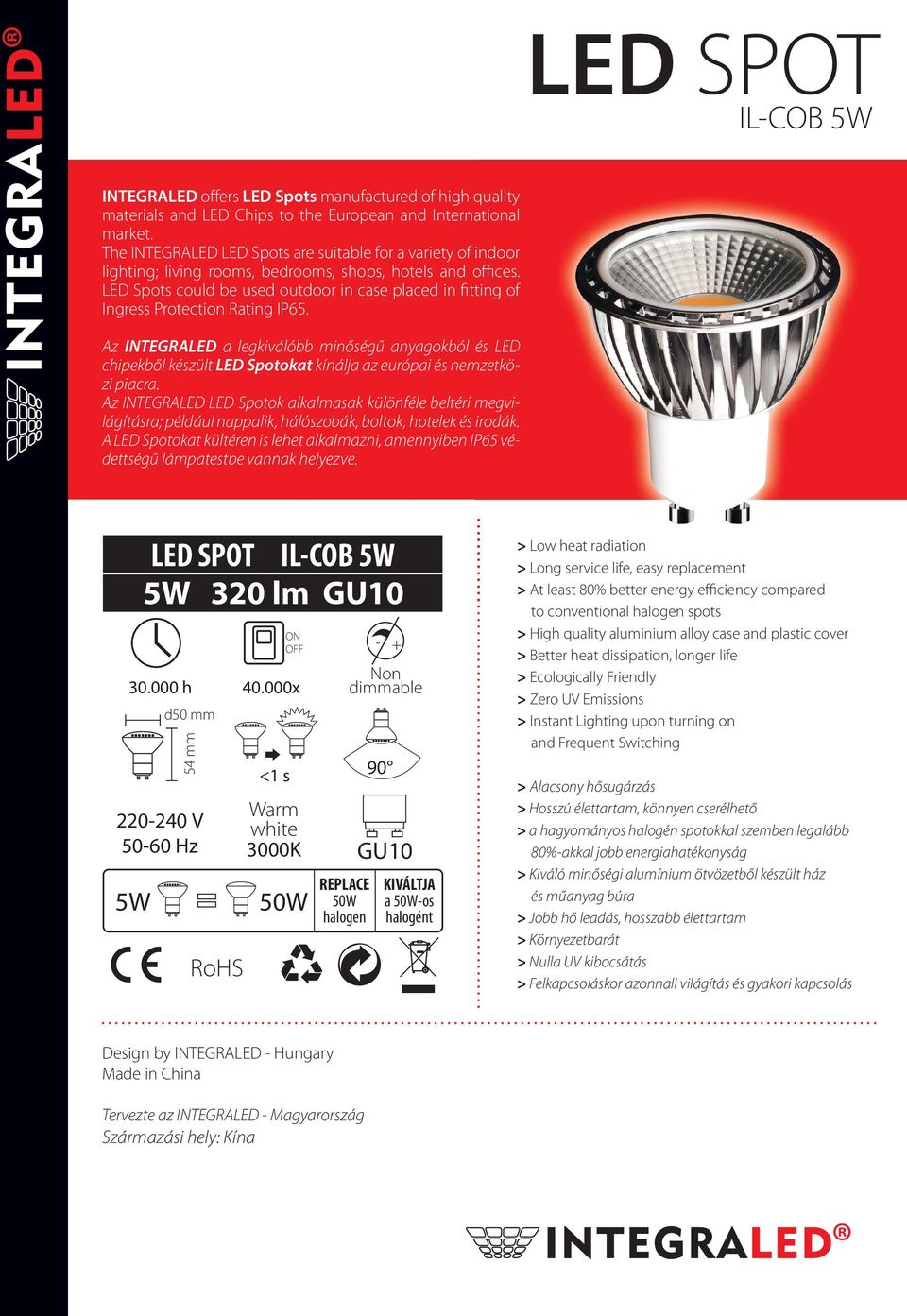 LED Spots could be used outdoor in case placed in fitting of Ingress Protection Rating IP65.