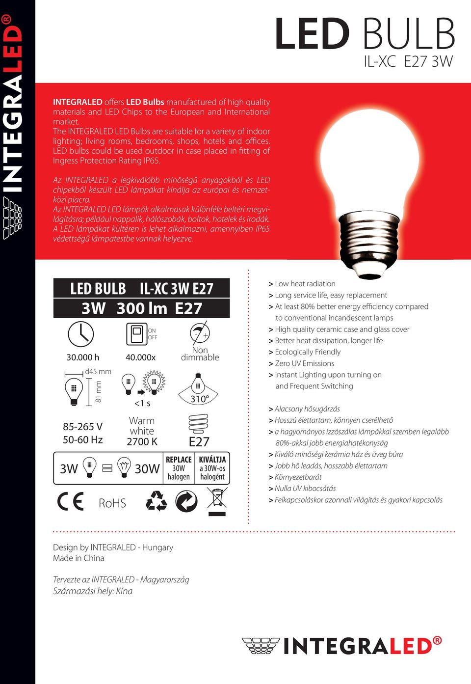 LED bulbs could be used outdoor in case placed in fitting of Ingress Protection Rating IP65.