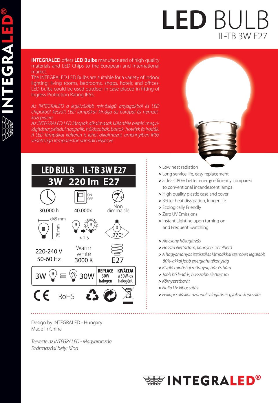 LED bulbs could be used outdoor in case placed in fitting of Ingress Protection Rating IP65.