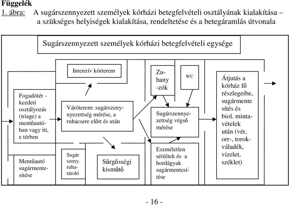 Sugárszennyezett személyek kórházi betegfelvételi egysége Fogadótér - kezdeti osztályozás (triage) a mentautóban vagy itt, e térben Mentautó sugármentesitése Intenzív