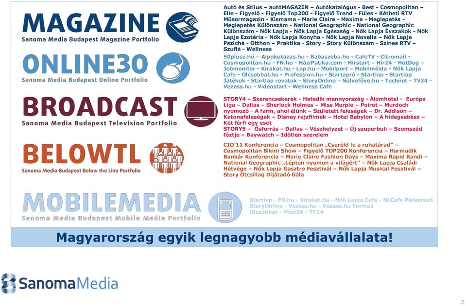 Psziché - Otthon Praktika - Story - Story Különszám - Színes RTV Szuflé - Wellness 50plusz.hu Alpokutazas.hu - Babaszoba.hu - CafeTV - Citromail - Cosmopolitan.hu - FN.hu - HáziPatika.