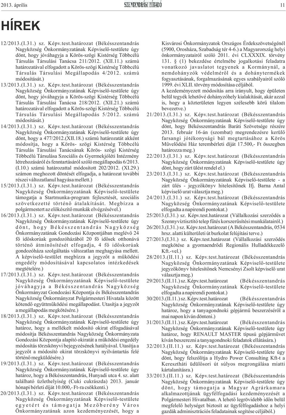 /2012. (XII.21.) számú határozatával elfogadott a Körös-szögi Kistérség Többcélú Társulás Társulási Megállapodás 5/2012. számú módosítását.) 14/2013.(I.31.) sz. Képv.test.