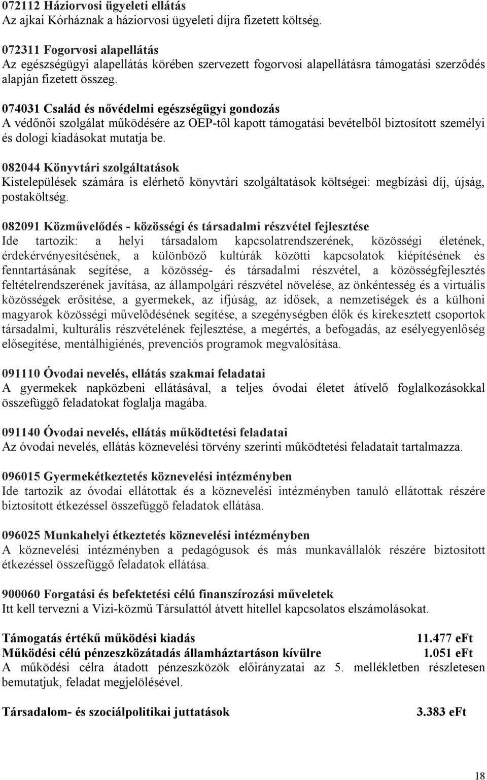 074031 Család és nővédelmi egészségügyi gondozás A védőnői szolgálat működésére az OEP-től kapott támogatási bevételből biztosított személyi és dologi kiadásokat mutatja be.