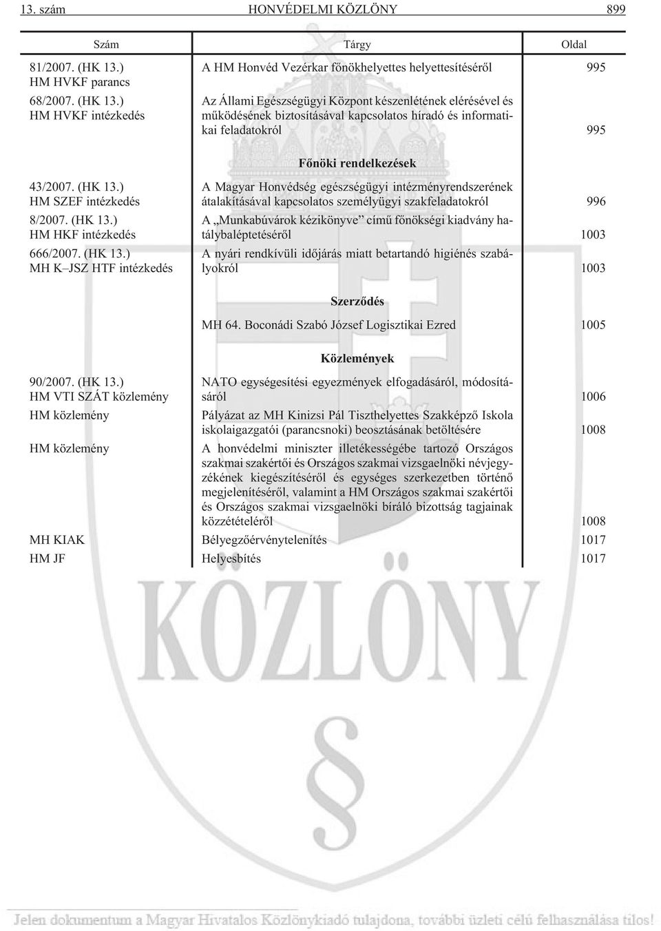 ) HM HVKF intézkedés A HM Honvéd Vezérkar fõnökhelyettes helyettesítésérõl 995 Az Állami Egészségügyi Központ készenlétének elérésével és mûködésének biztosításával kapcsolatos híradó és informatikai