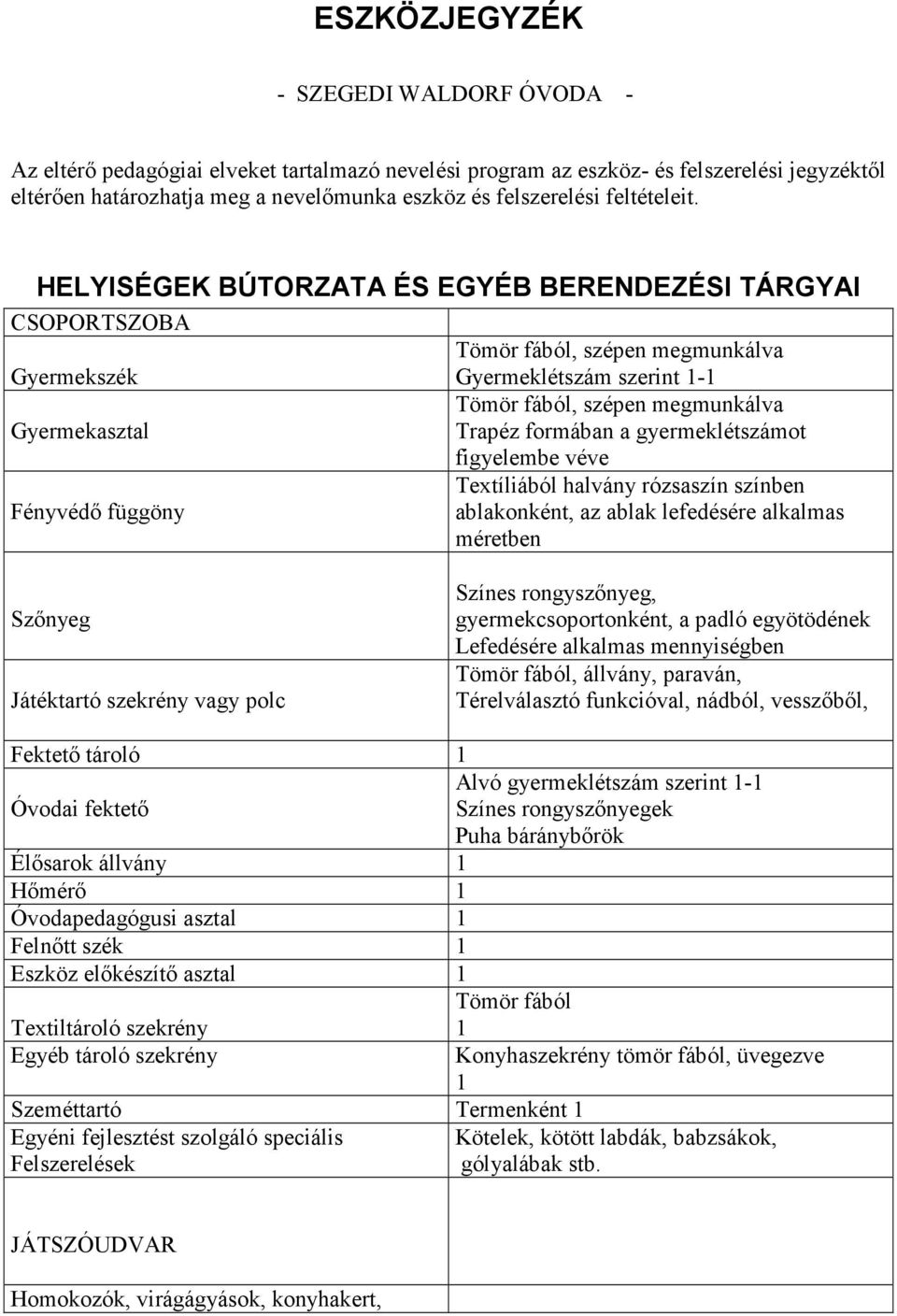 HELYISÉGEK BÚTORZATA ÉS EGYÉB BERENDEZÉSI TÁRGYAI CSOPORTSZOBA Gyermekszék Gyermekasztal Fényvédő függöny Tömör fából, szépen megmunkálva Gyermeklétszám szerint - Tömör fából, szépen megmunkálva