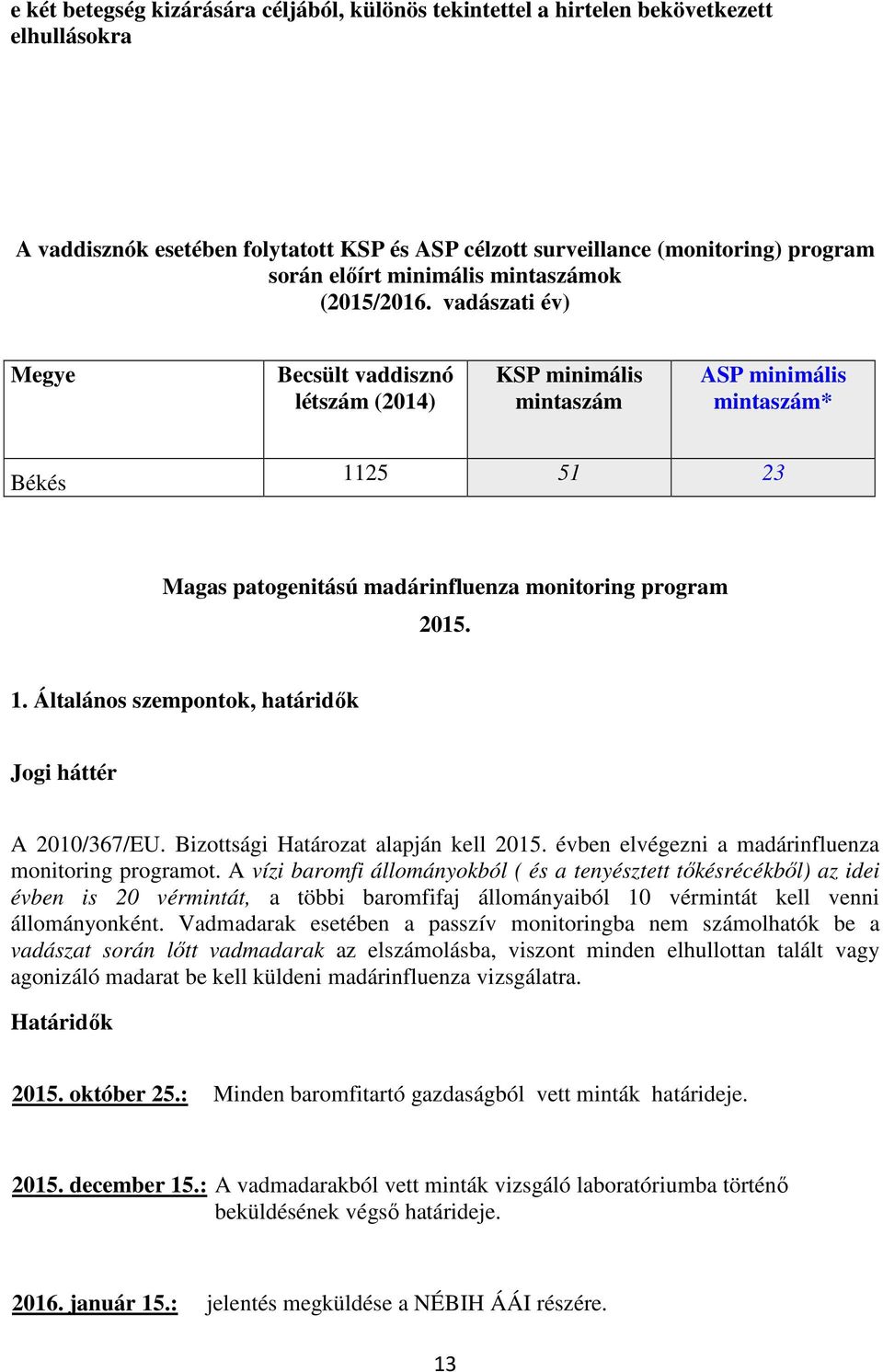 vadászati év) Megye Becsült vaddisznó létszám (2014) KSP minimális mintaszám ASP minimális mintaszám* Békés 1125 51 23 Magas patogenitású madárinfluenza monitoring program 2015. 1. Általános szempontok, határidők Jogi háttér A 2010/367/EU.