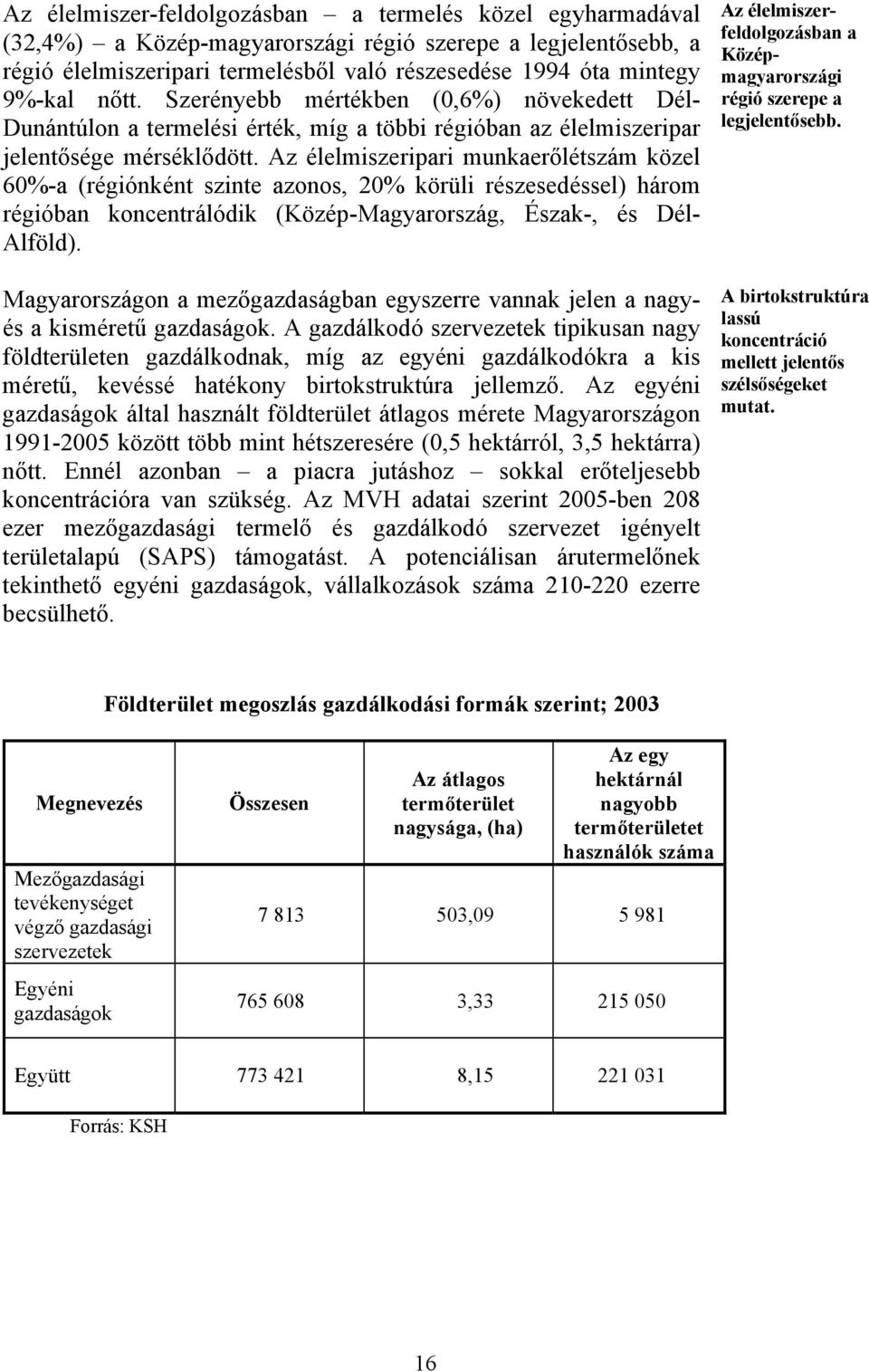 Az élelmiszeripari munkaerőlétszám közel 60%-a (régiónként szinte azonos, 20% körüli részesedéssel) három régióban koncentrálódik (Közép-Magyarország, Észak-, és Dél- Alföld).