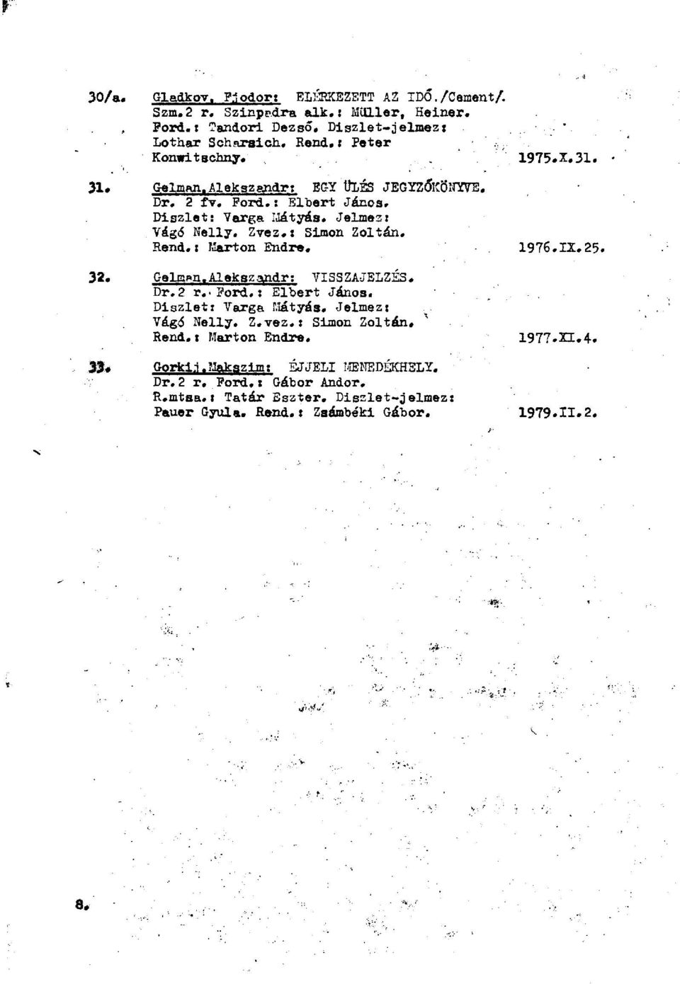 t Simon Zoltán. Rend.: Marton Endre. 32. Gelm»n.Alekszandr: VISSZAJELZÉS. Dr. 2 r.-ford. : Elbert János. Diszlet: Varga Mátyás. Jelmez: Vágó Nelly. Z.vez.: Simon Zoltán.