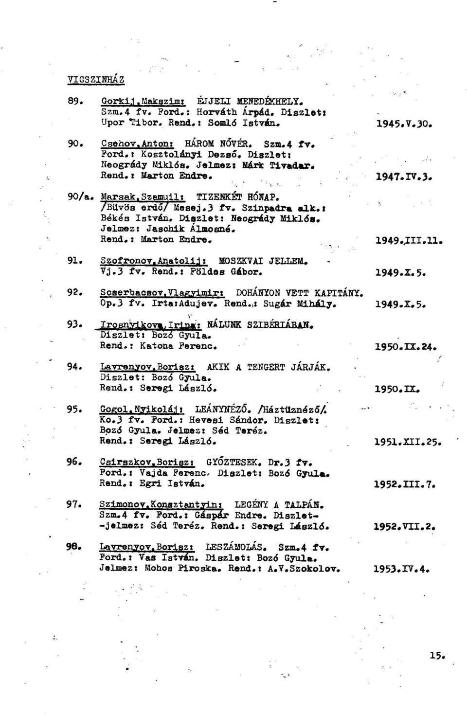 Jelmezt Jaschik Almosné. Rend.: Marton Endre. 1945.V.30. 1947.IV.3. 1949.JII.il. 91. Szofronov. Anatolij t MOSZKVAI JELLEM. Vj.3 fv. Rend.t Földes Gábor. 1949.2.5. 92. Scserbacsov.