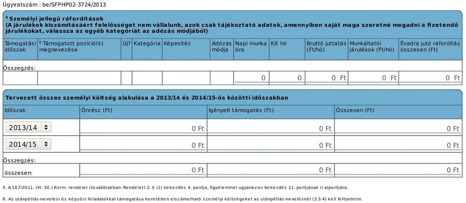 hó Bruttó juttatás (Ft/hó) Munkáltatói járulékok (Ft/hó) Évadra jutó ráfordítás összesen (Ft) 0 0 Tervezett összes személyi költség alakulása a 2013/14 és 2014/15-ös közötti időszaan Időszak Önrész