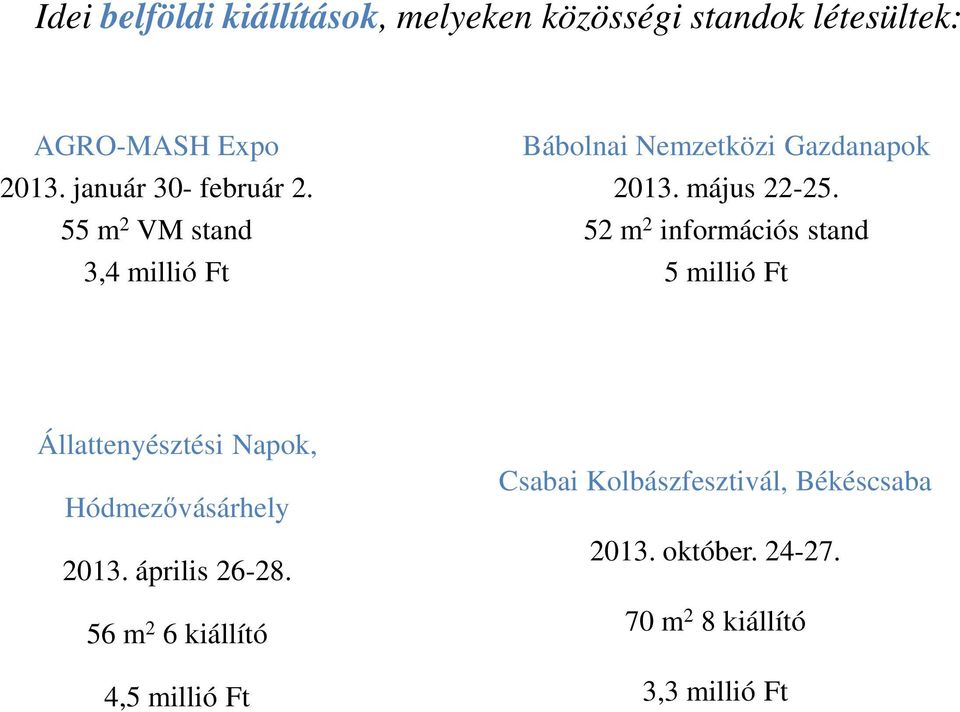 52 m 2 információs stand 5 millió Ft Állattenyésztési Napok, Hódmezővásárhely 2013. április 26-28.