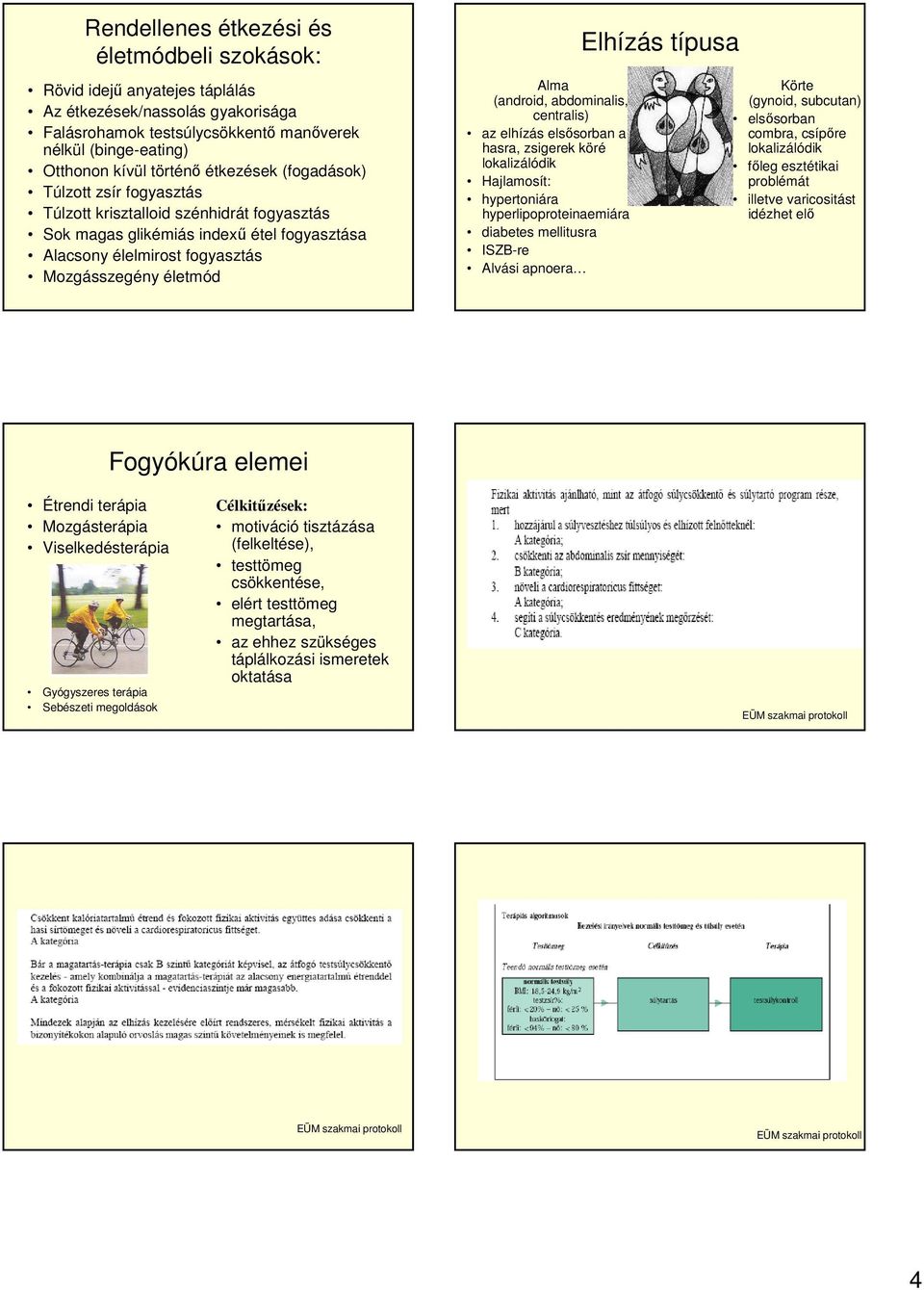 (android, abdominalis, centralis) az elhízás elsősorban a hasra, zsigerek köré lokalizálódik Hajlamosít: hypertoniára hyperlipoproteinaemiára diabetes mellitusra ISZB-re Alvási apnoera Elhízás típusa