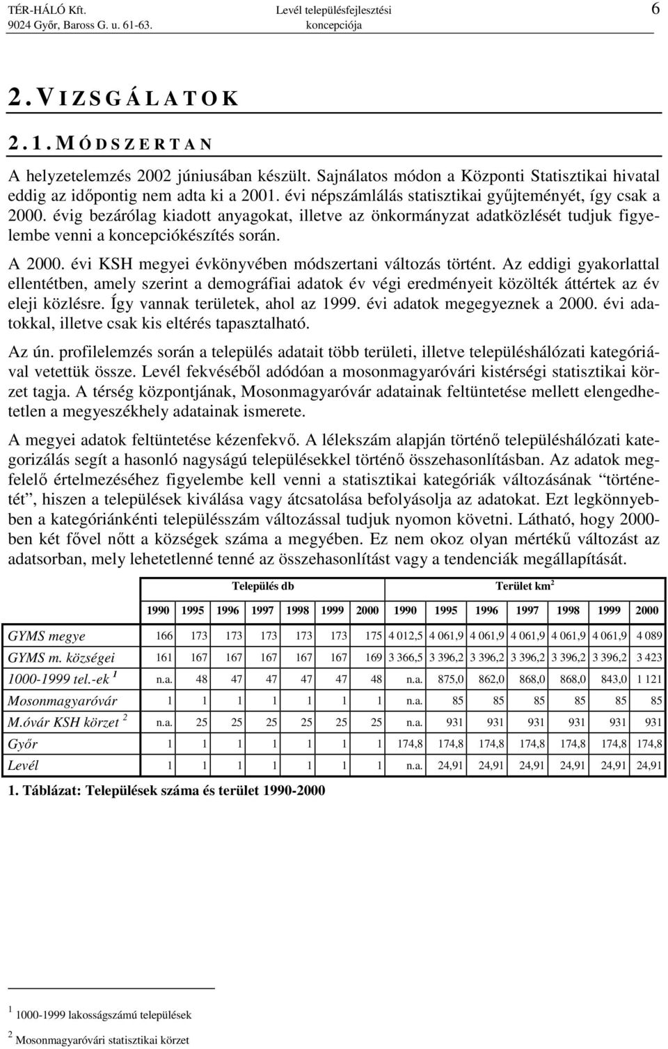 évig bezárólag kiadott anyagokat, illetve az önkormányzat adatközlését tudjuk figyelembe venni a koncepciókészítés során. A 2000. évi KSH megyei évkönyvében módszertani változás történt.