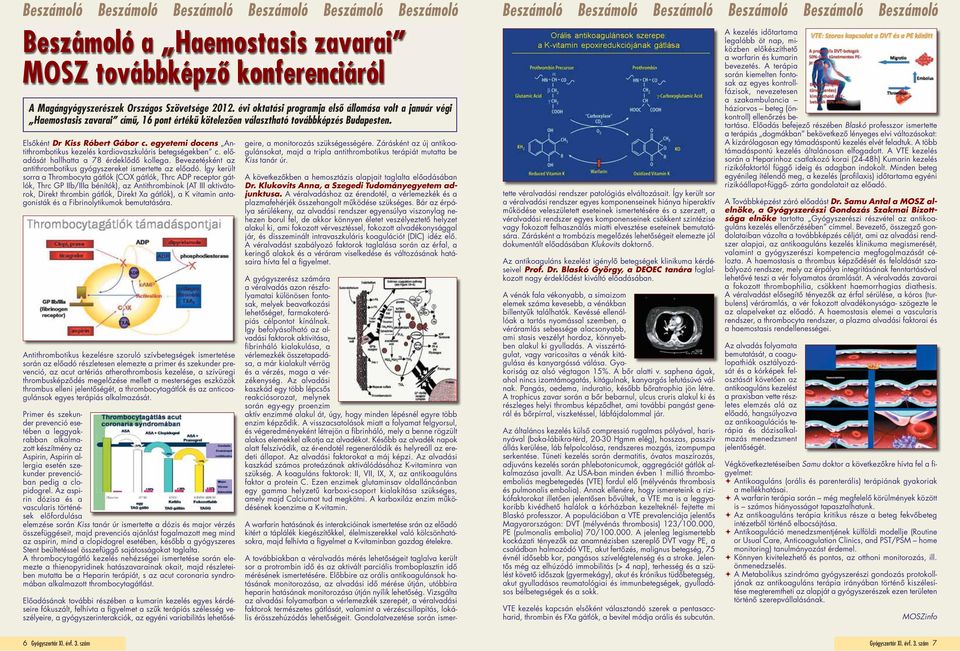 egyetemi docens Antithrombotikus kezelés kardiovaszkuláris betegségekben c. előadását hallhatta a 78 érdeklődő kollega. Bevezetésként az antithrombotikus gyógyszereket ismertette az előadó.