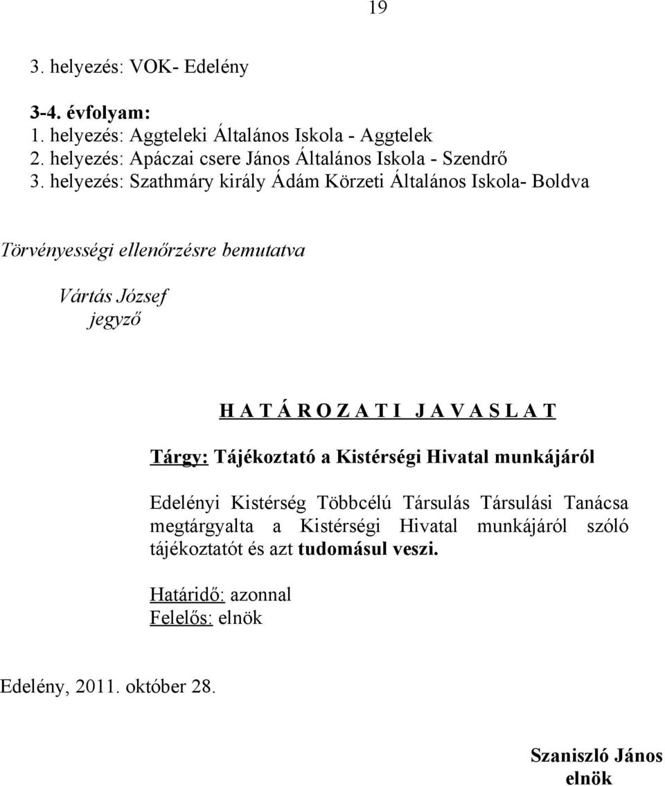 helyezés: Szathmáry király Ádám Körzeti Általános Iskola- Boldva Törvényességi ellenőrzésre bemutatva Vártás József jegyző H A T Á R O Z A T I J