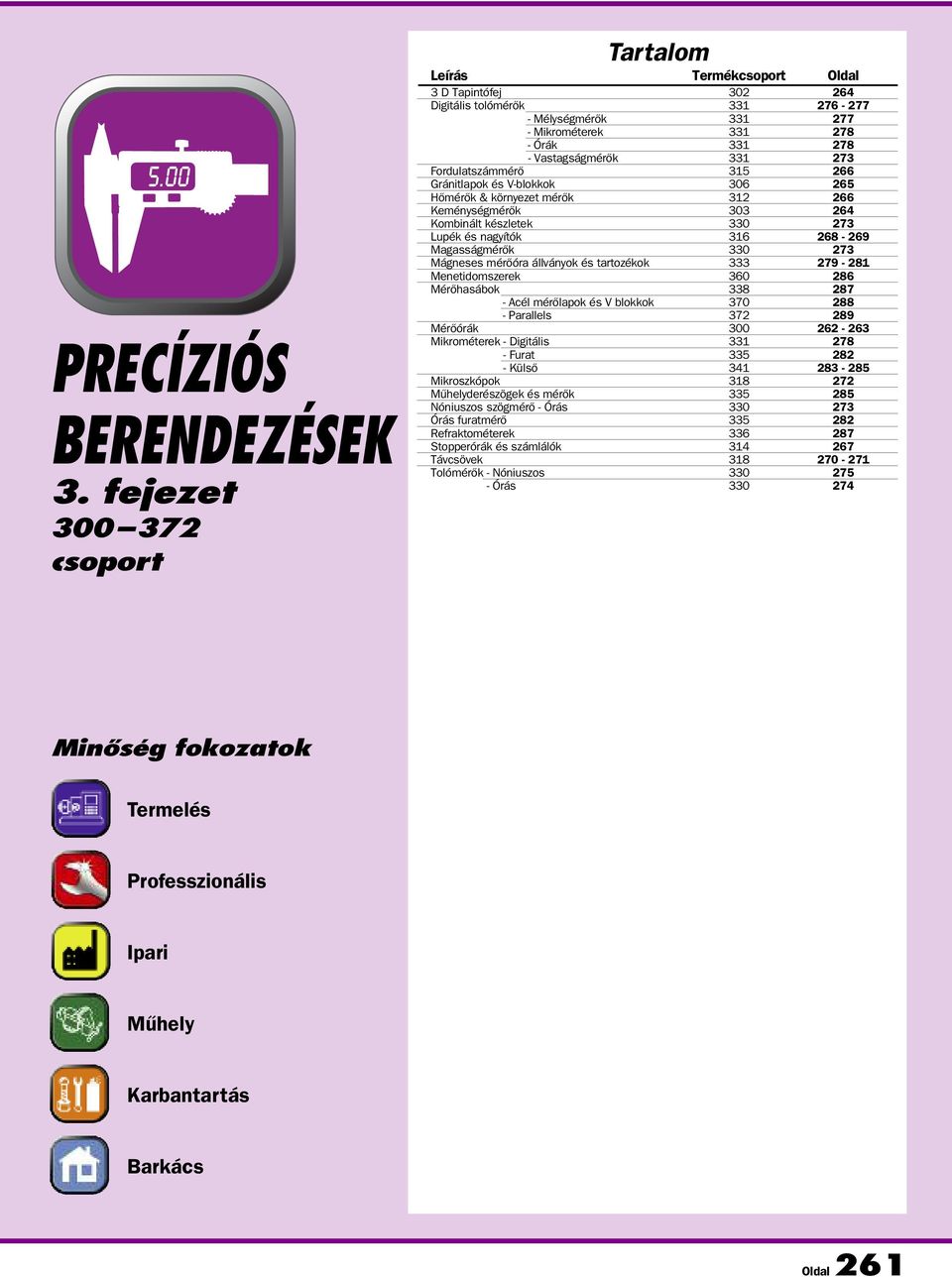 Digitális tolómérők - Órák 331 278 Disitális tolómérők - Vastagságmérők 331 273 Fordulatszámmérő 315 266 Gránitlapok és V-blokkok 306 265 Hőmérők & környezet mérők 312 266 Keménységmérõk 303 264