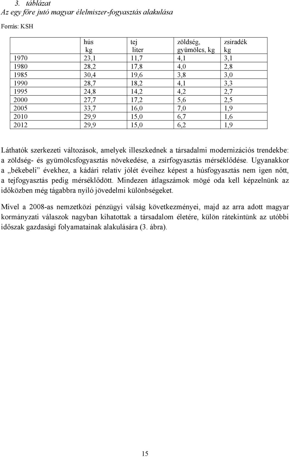 társadalmi modernizációs trendekbe: a zöldség- és gyümölcsfogyasztás növekedése, a zsírfogyasztás mérséklődése.