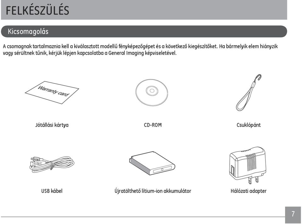 Ha bármelyik elem hiányzik vagy sérültnek tűnik, kérjük lépjen kapcsolatba a