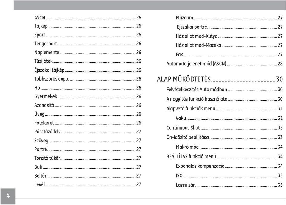 .. 27 Háziállat mód-macska... 27 Fax... 27 Automata jelenet mód (ASCN)... 28 ALAP MŰKÖDTETÉS...30 Felvételkészítés Auto módban... 30 A nagyítás funkció használata.