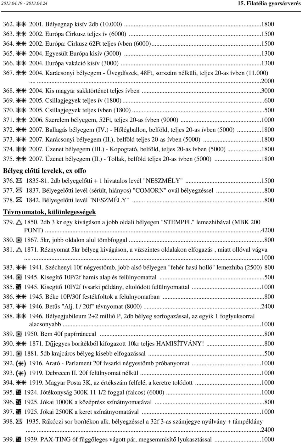 ..3000 369. 2005. Csillagjegyek teljes ív (1800)...600 370. 2005. Csillagjegyek teljes ívben (1800)...500 371. 2006. Szerelem bélyegem, 52Ft, teljes 20-as ívben (9000)...1000 372. 2007.